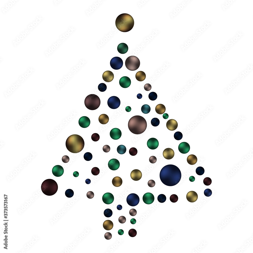 Christmas tree with balls on white background, 3d festive decorations, card, vector