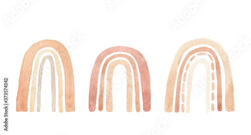 Set of simple modern rainbows in pastel colors. Cute watercolor hand-drawn illustration. Perfect for greeting cards, invitations, fabric, textile, nursery decor, prints, logo, patterns, covers.