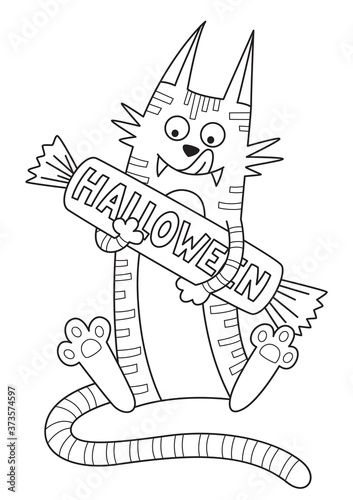 Doodle halloween coloring book page cute monster with candy. Antistress for adults and children. Vector black and white illustrarion