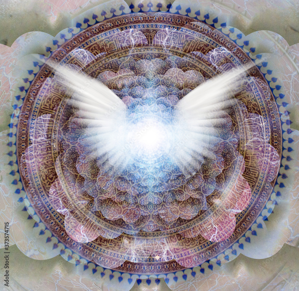 Shining wings in a center of Indian mandala. Multi-layered spaces representing endless dimensions. 3D rendering Shining wings in a center of Indian mandala. Multi-layered spaces representing endless dimensions. 3D rendering