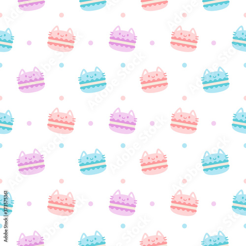 Cute cat macaron dessert seamless pattern background