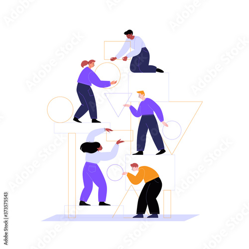 Flat illustration of five persons building something wih geometric figures. Different characters holding circles, triangles and rectangles standing on an abstract construction. 