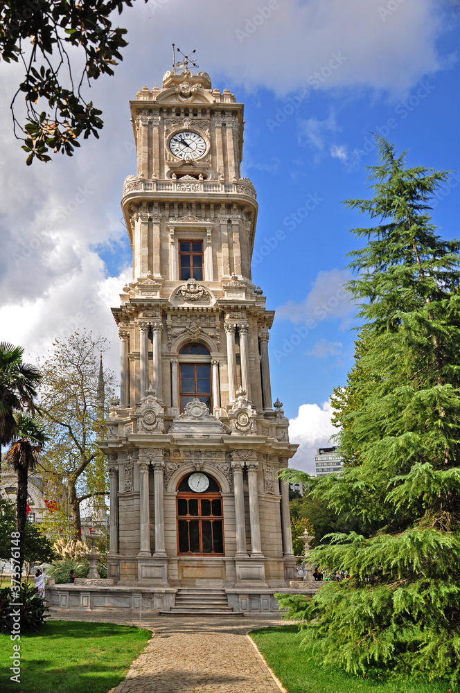 The elegant clock tower in the Dolmabahce Palace in Istanbul Turkey.