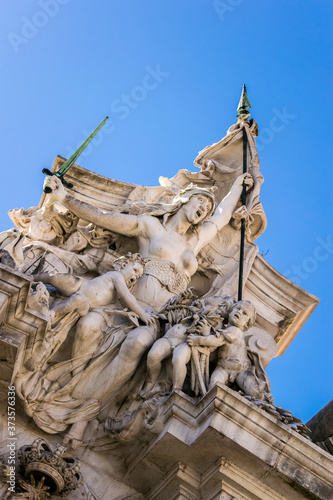 Sculptural group of the entrance to the military museum in Lisbon, capital of Portugal