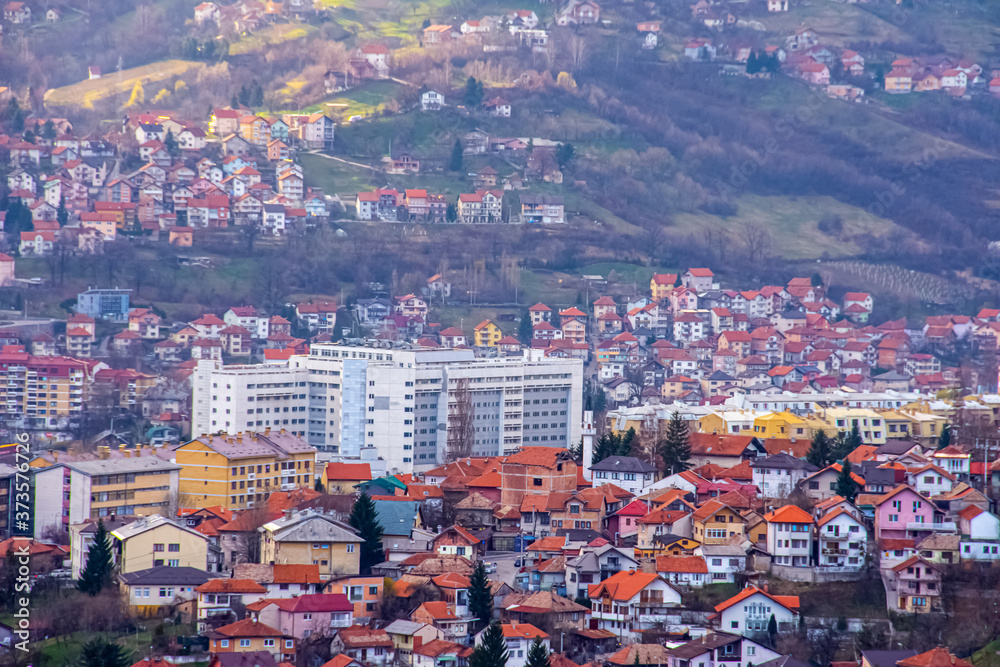 Cityscape of Sarajevo a capital city of Bosnia and Herzegovina looking toward the KCUS hospital