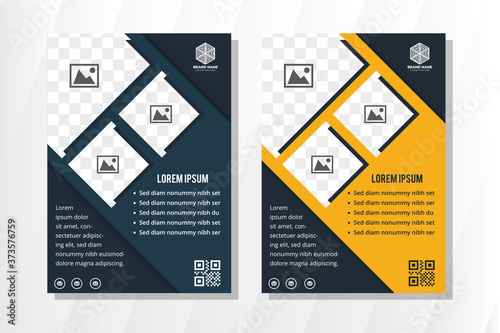 Vertical flyer design template with square photo collage layout in diagonal layout.  two variant colors are blue and yellow diagonal shape. 