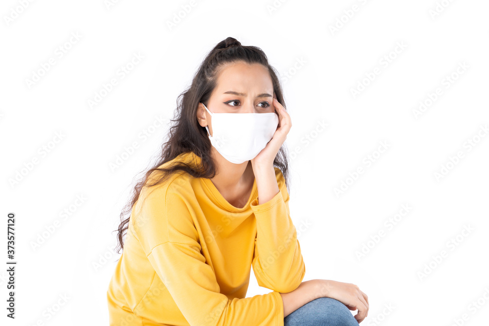 Stress Worry Asian woman wearing hygienic mask to prevent infection corona virus Air pollution pm2.5 she wearing a yellow sweater shoot in isolated on white background Stress Worry Asian woman wearing hygienic mask to prevent infection corona virus Air pollution pm2.5 she wearing a yellow sweater shoot in isolated on white background