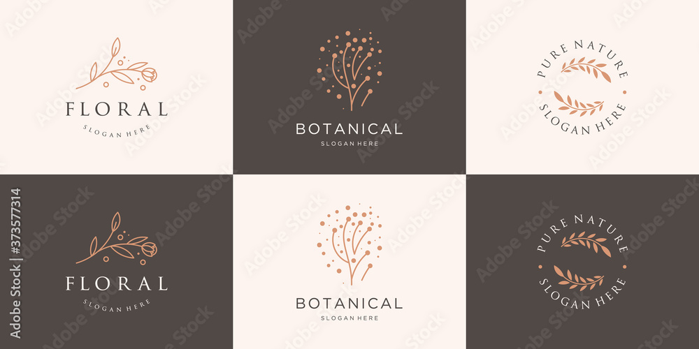 Set collection minimalist floral and leaf logo design feminine luxury line art.