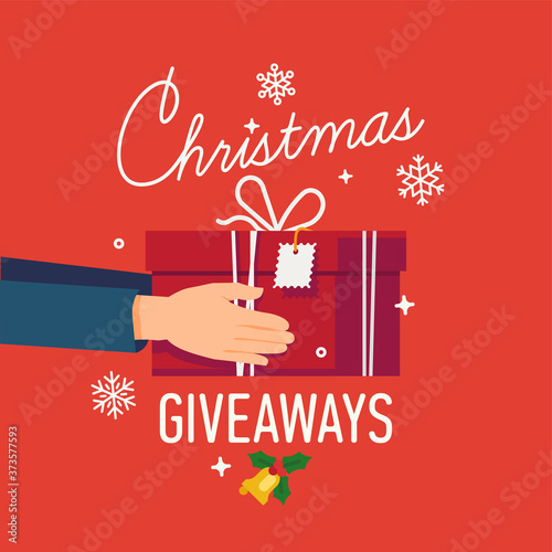 Beautiful vector poster or banner design on 'Christmas Giveaways' holiday offers with hands holding red gift box.