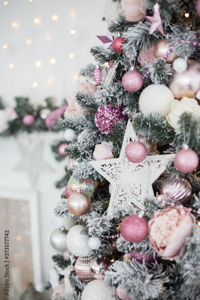 Green and White Christmas tree with pink toys new year winter gifts decor Green and White Christmas tree with pink toys new year winter gifts decor