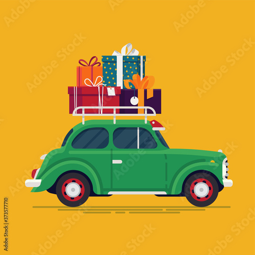 Cool flat design vector festive holiday design element on old fashioned car with stack of gift and present boxes on roof rack