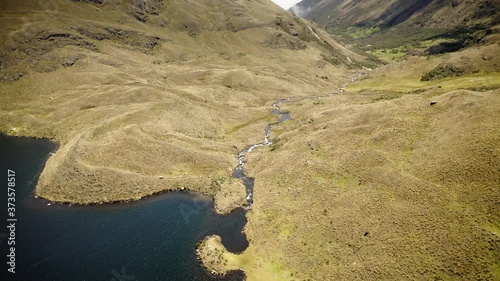 Drone flying over Andes mountains and lake in Parque Nacional Cajas, Ecuador photo