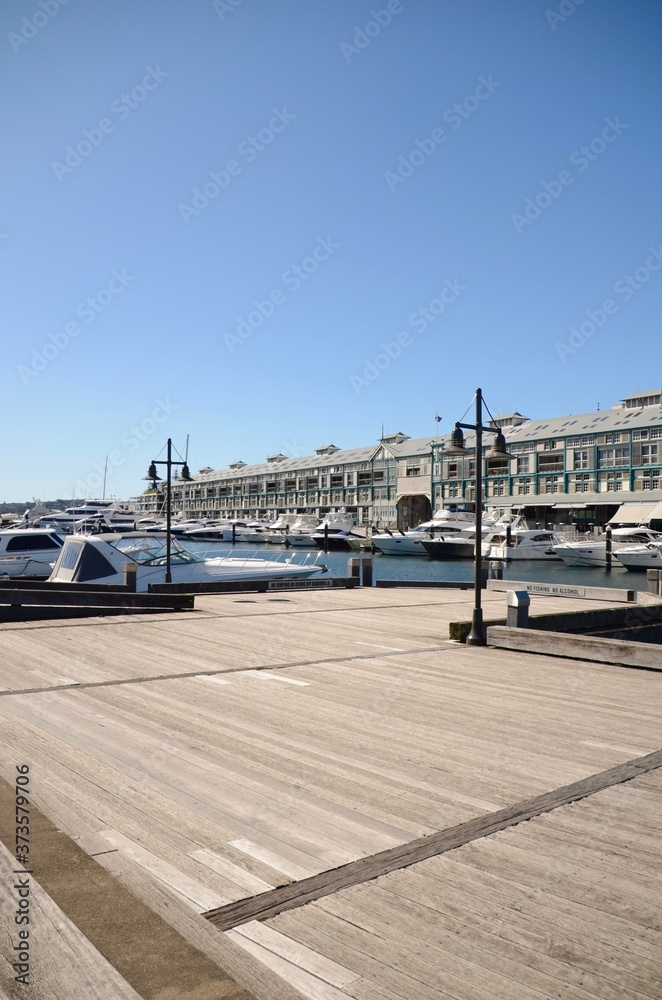 Finger Wharf, Woolloomooloo with boats and lamp posts