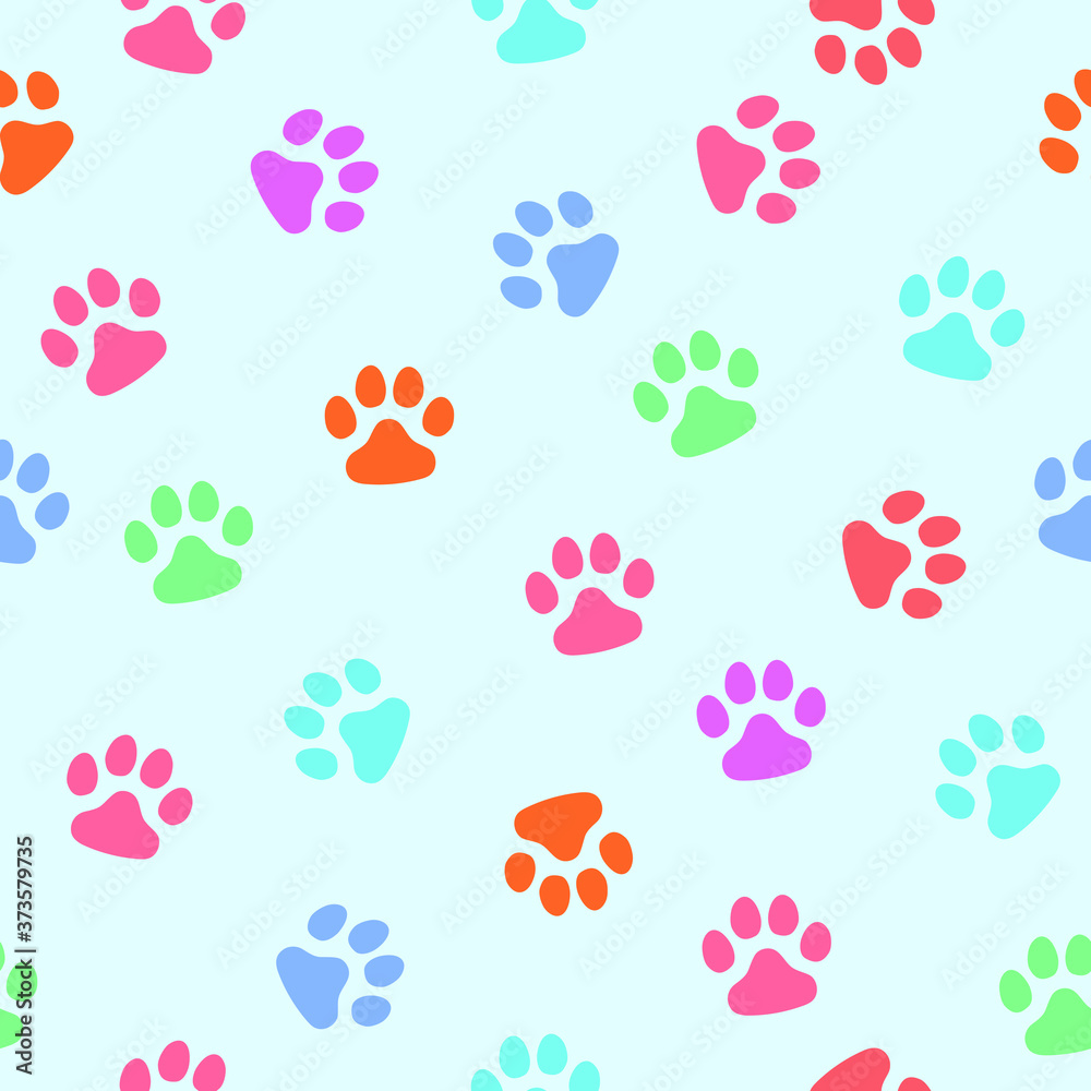 Vector, seamless pattern. Abstraction, multi-colored traces of paws of a cat, a dog on a light blue background. For prints, packaging, social media, web.