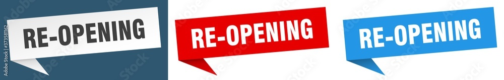 re-opening banner sign. re-opening speech bubble label set re-opening banner sign. re-opening speech bubble label set