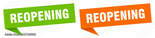 reopening banner sign. reopening speech bubble label set
