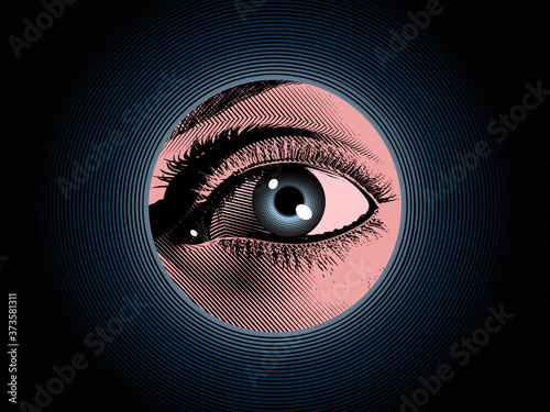 Engraving spy eye drawing with color illustration