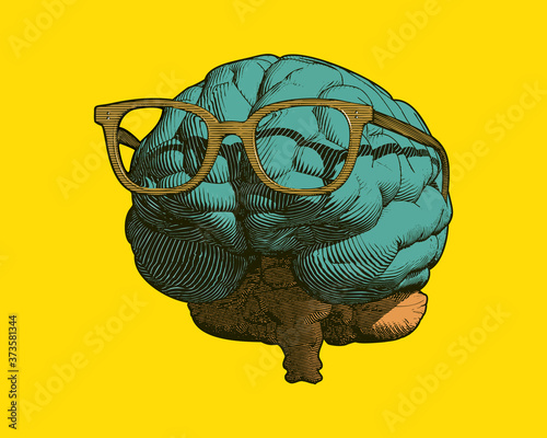Engraving brain with glasses illustration on yellow BG