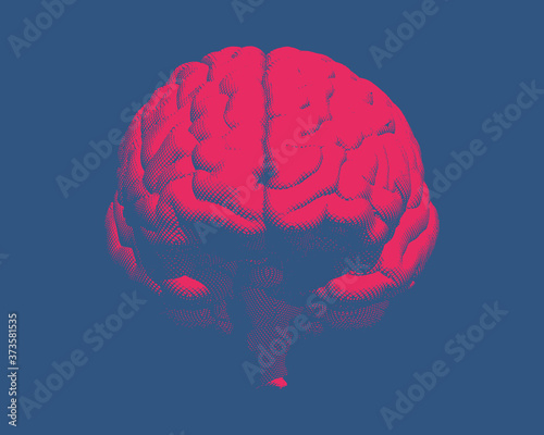 Red retro brain illustration isolated on blue BG