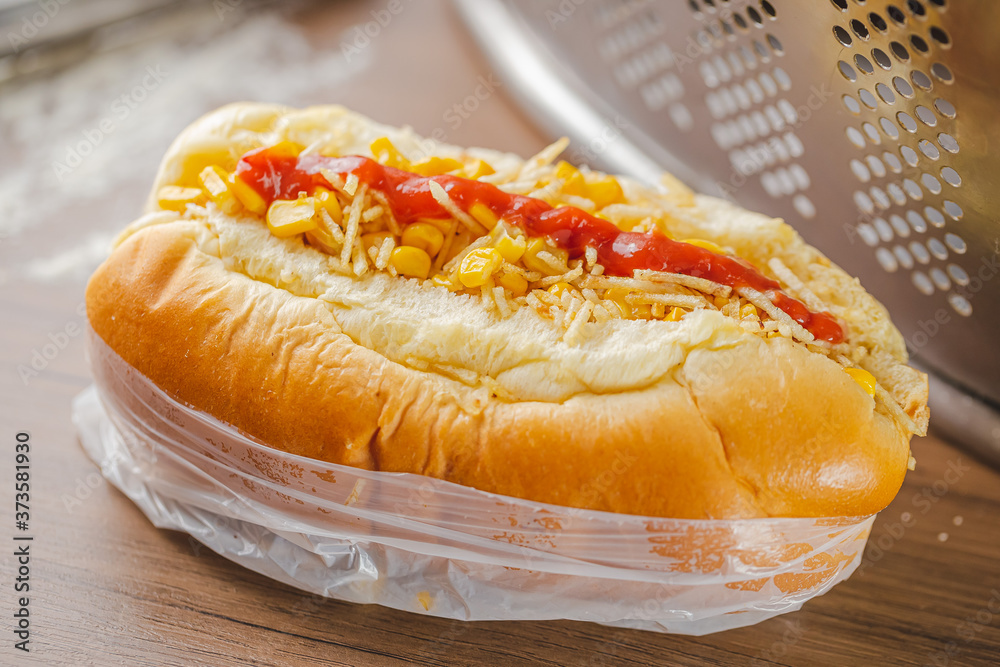 Traditional Brazilian Hot Dog in Closeup and Selective Focus