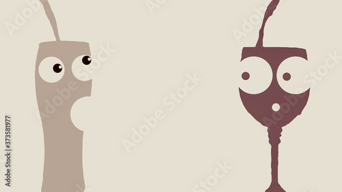 Silhouettes of glasses for booze in black,cartoon characters,isolated on white,icons of glasses,closeup.Illustration of cocktails with emotions.