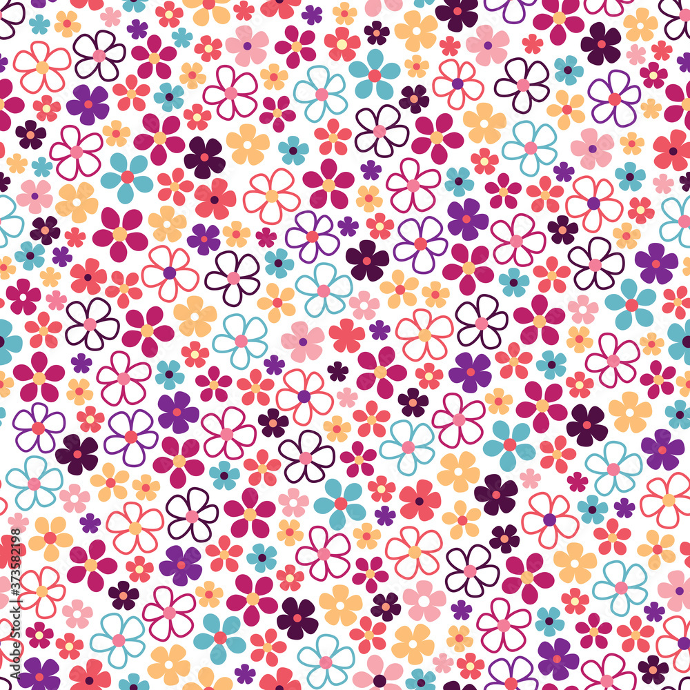 Vector seamless pattern. Little flower background in shades of pinks and purples.