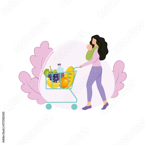 A beautiful mother with a newborn baby in a sling in her arms went to the store for shopping with a basket of products. Shopping at a grocery store. Fruit and food. Vector flat illustrations.