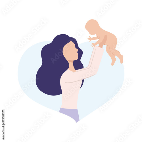 A beautiful young mother holds a newborn baby in her arms. A small child in the mother's arms. Pregnancy, family, and motherhood. Flat vector illustration. Postcard of a children's goods store.