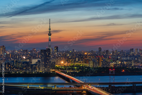 Aerial view Tokyo cityscape skyline with colorful twilight sky