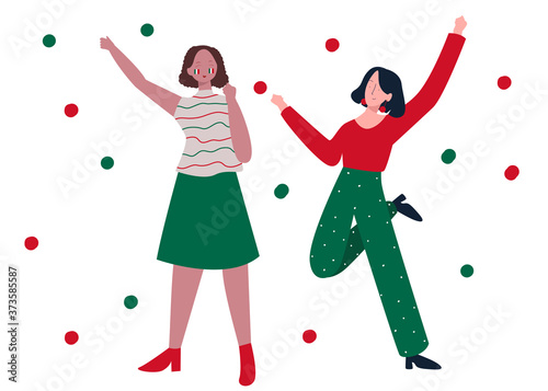 Two girls wear trendy clothes excited cheerful dance celebrate mexico independence day with flat cartoon style