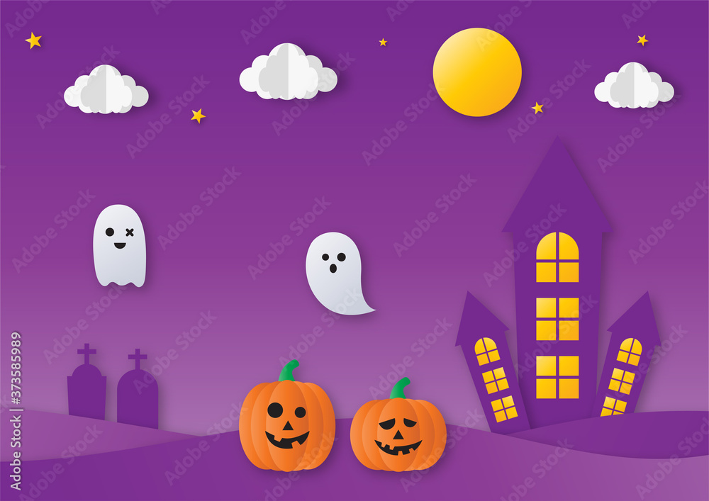 halloween party with ghosts and pumpkin paper art style on purple background. vector illustration.