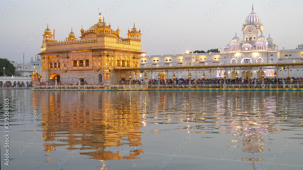 medium view of the famous golden temple at sunset in amritsar