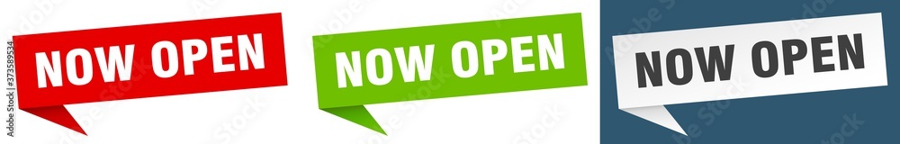 now open banner sign. now open speech bubble label set now open banner sign. now open speech bubble label set
