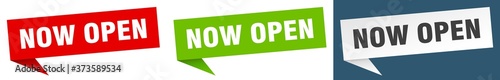 now open banner sign. now open speech bubble label set