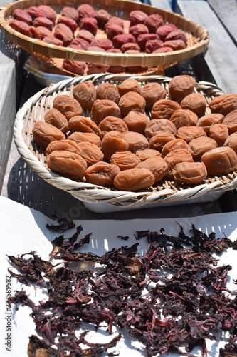 Japanese traditional sun dried pickled plum, Umeboshi and Shiso, Japanese basil photo