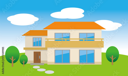 郊外の庭付き一戸建ての家のイラスト