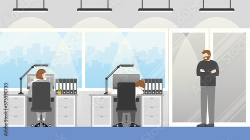Tired businessman sleeps while sitting on his desk in the office workplace. Angry boss and manager standing near exhausted employee take a nap in office hour. 