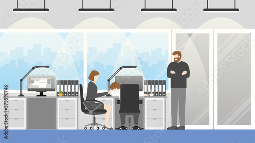 Angry boss and manager standing near exhausted employee that taking a nap in office hour. The office woman tries to wake up sleeping colleague that sitting on his desk in workplace. 