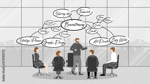 Creativity space in office workplace. Diversity occupation of businesspeople brainstorming meeting in relaxing zone. Sharing idea diagram bubble. Collaboration process of multicultural skill employee