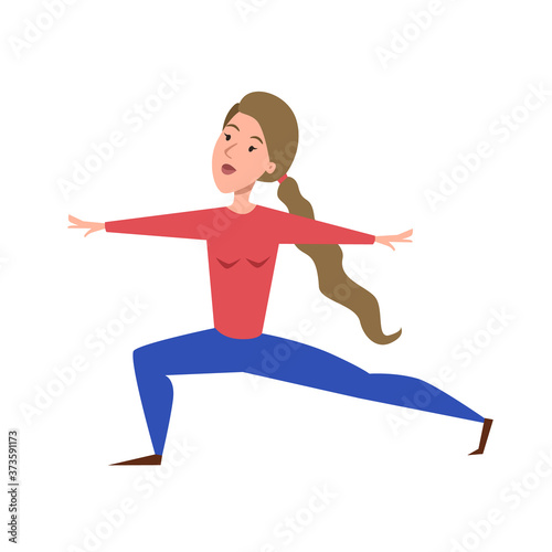 Cute slim woman in Virabhadrasana II or Warrior Pose. Woman standing in yoga asana. Hatha yoga posture. Girl performing gymnastics exercise during fitness workout. Vector illustration.