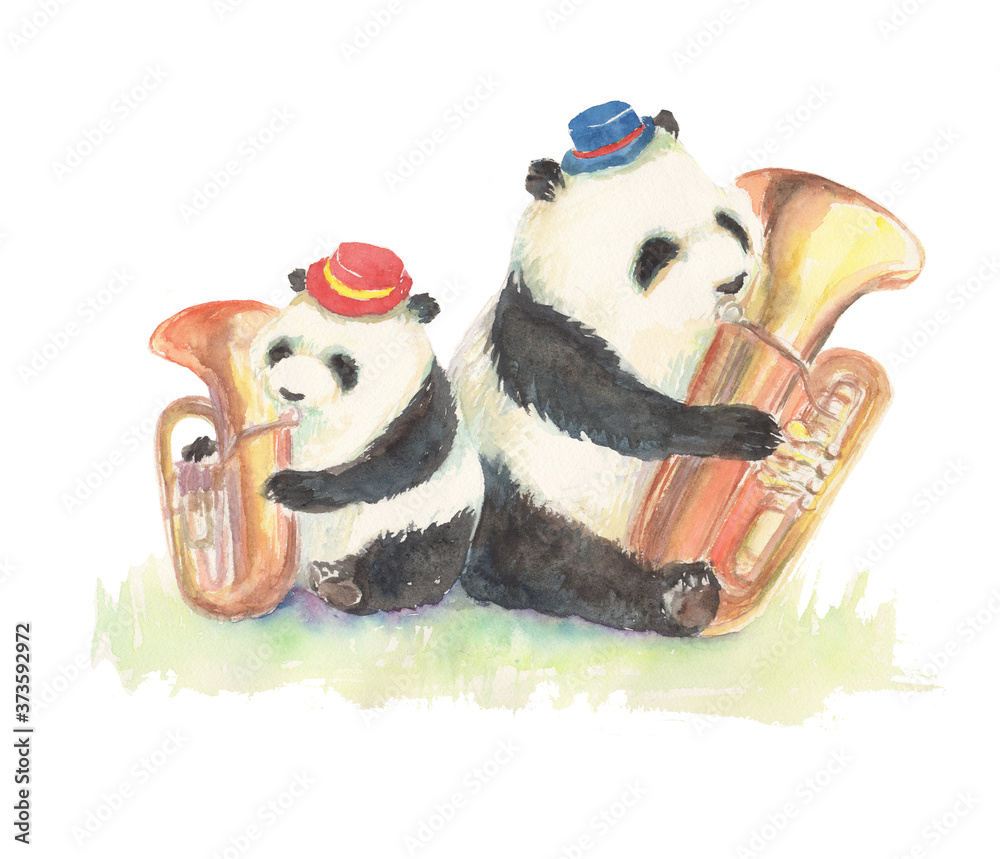 水彩で描いたチューバを演奏するパンダのイラスト Stock Illustration Adobe Stock