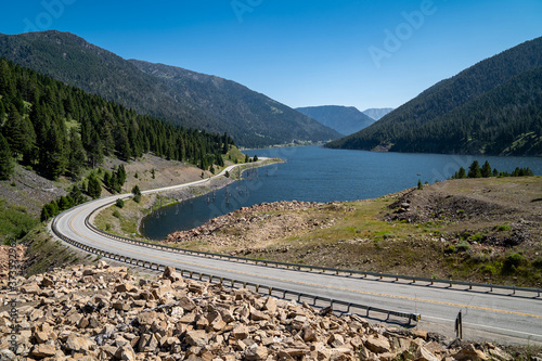 Earthquake Lake in Montana, summer scene with the highway in view