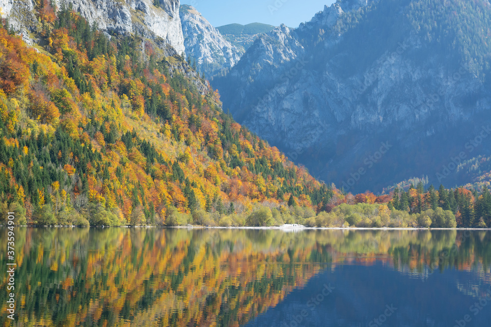 Autumn view of the mountains and lake, horizontal format