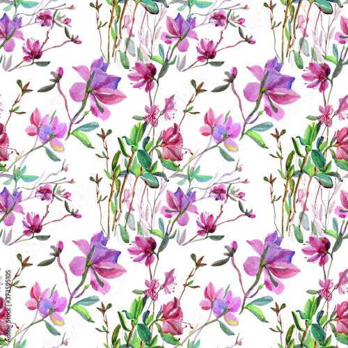 Seamless pattern watercolor illustration green leaves and pink flowers lilac on white. Art creative background spring time for florist, textile, card, wallpaper, wrapping