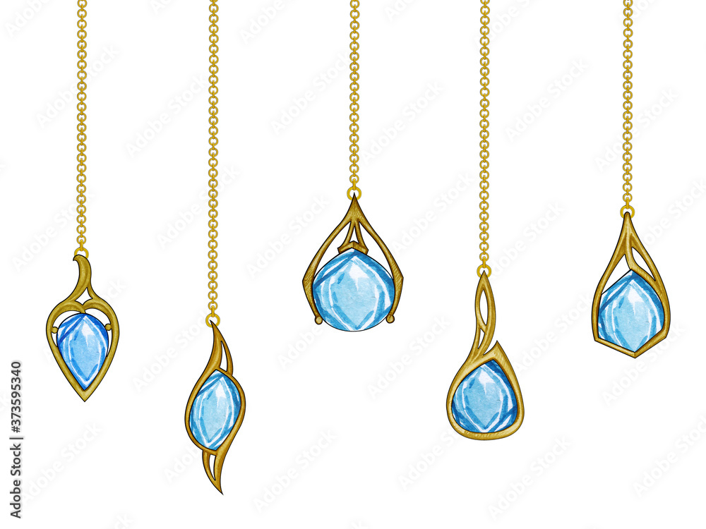 Jewelry design modern art fancy sapphire set gold pendant. Hand drawing and painting on paper.