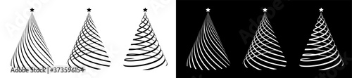 Set of silhouettes of Christmas trees, stylized entwined with a festive ribbon. Christmas and New Year 2021. Icons. Black and white vector