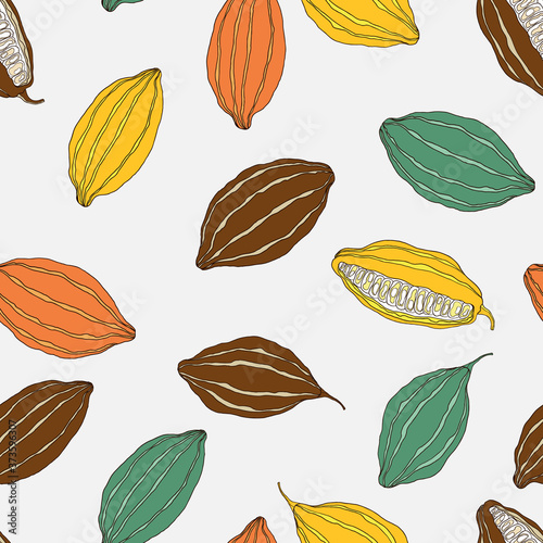 Plant seamless pattern, hand drawn line art cocoa on bright grey