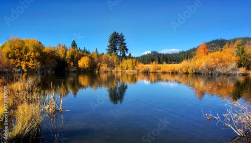 Panorama of a small pond on a calm, sunny day, with reflections of fall colors in the water
