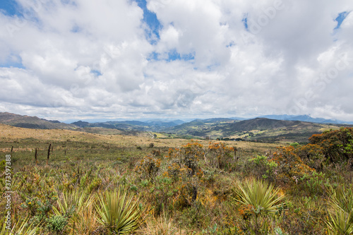 Choachi, Colombia Landscape of Colombian Andean mountains showing paramo type vegetation. Park Called Paramo Matarredonda near Bogota
 photo