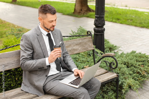 Handsome businessman with laptop in park